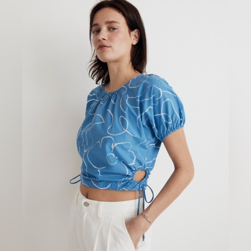 Madewell Blue Floral Short-Sleeve Drawstring Crop Top